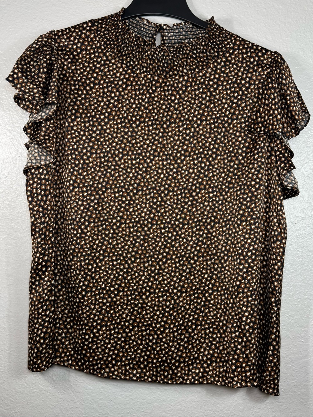 Women’s THML Blouse Size XL smocked high neck and tiered ruffle flutter sleeves
